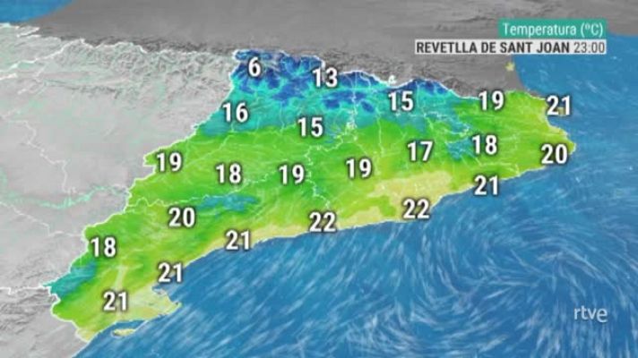  - Temperatura prevista cada 30 minuts durant la revetlla de Sant Joan