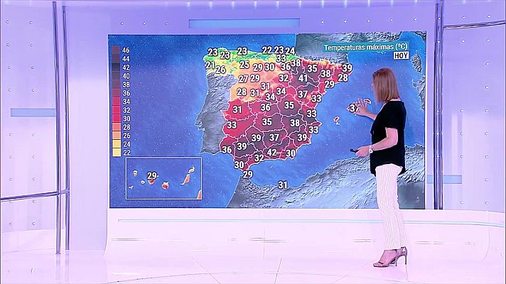 El tiempo - Temperaturas significativamente altas en la mitad este peninsular, valle del Guadalquivir y Baleares, alcanzándose los 40-42 grados en el valle del Ebro y sur de Valencia. Intervalos de viento fuerte en Canarias