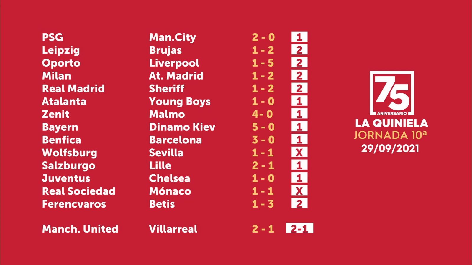 Sorteo de la Quiniela del 01/10/2021 - Jornada 10 - ver ahora