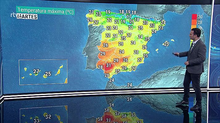 El tiempo - Temperaturas máximas en descenso en Galicia, Cantábrico, noreste de la Meseta e interior de Andalucía, y sin cambios o en ligero descenso en el resto de la Península