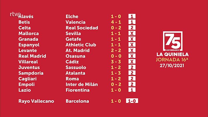 Loterías - Sorteo de la Quiniela del 29/10/2021 - Jornada 16