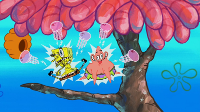 En el fondo marino, dos personajes animados reaccionan ante el ataque de medusas. Uno de ellos muestra dolor y el otro sorpresa, mientras que una colmena se sitúa en la parte superior de la imagen.