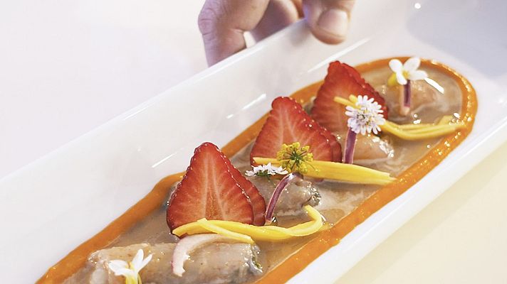 Origen - Ceviche de Gamba Blanca de Huelva con mango, habas