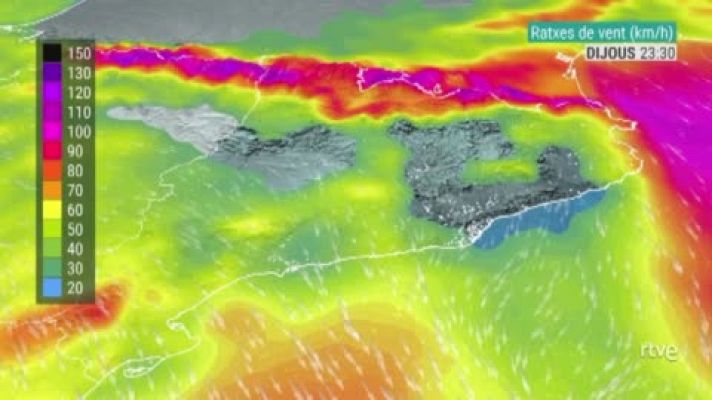  - Cops màxims de vent (km/h) previstos per dijous 2 de desembre