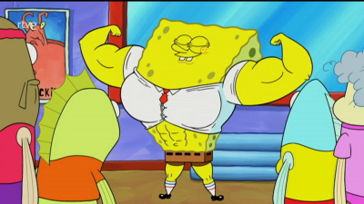En el gimnasio, un personaje musculoso con camisa blanca, corbata roja y cinturón marrón exhibe sus músculos y abdominales, siendo observado por varios peces.