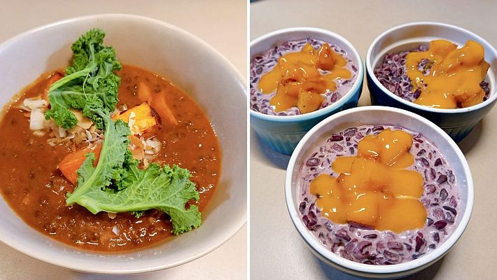 España Directo - Recetas de cena: Estofado de lentejas y arroz negro con piña