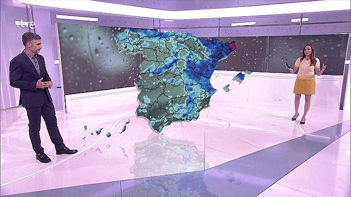 El tiempo - Chubascos y tormentas localmente fuertes o persistentes en la mitad sureste de Aragón y de Cataluña, en la Comunidad Valenciana y Baleares