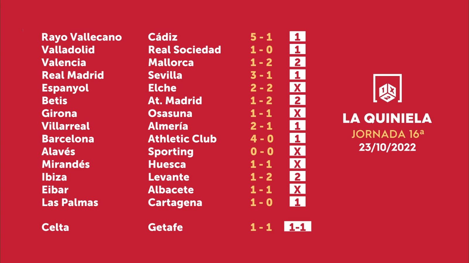 Sorteo de la Quiniela del 25/10/2022 - Jornada 16 - ver ahora