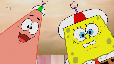 Bob Esponja y Patricio, con gorros de piruleta, sonrientes.  Bob Esponja viste su ropa habitual. Logo RTVE en la esquina superior izquierda.