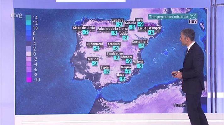 El tiempo - Heladas generalizadas en el interior peninsular, más intensas en zonas altas. Intervalos de viento fuerte en Ampurdán, Baleares y en La Palma