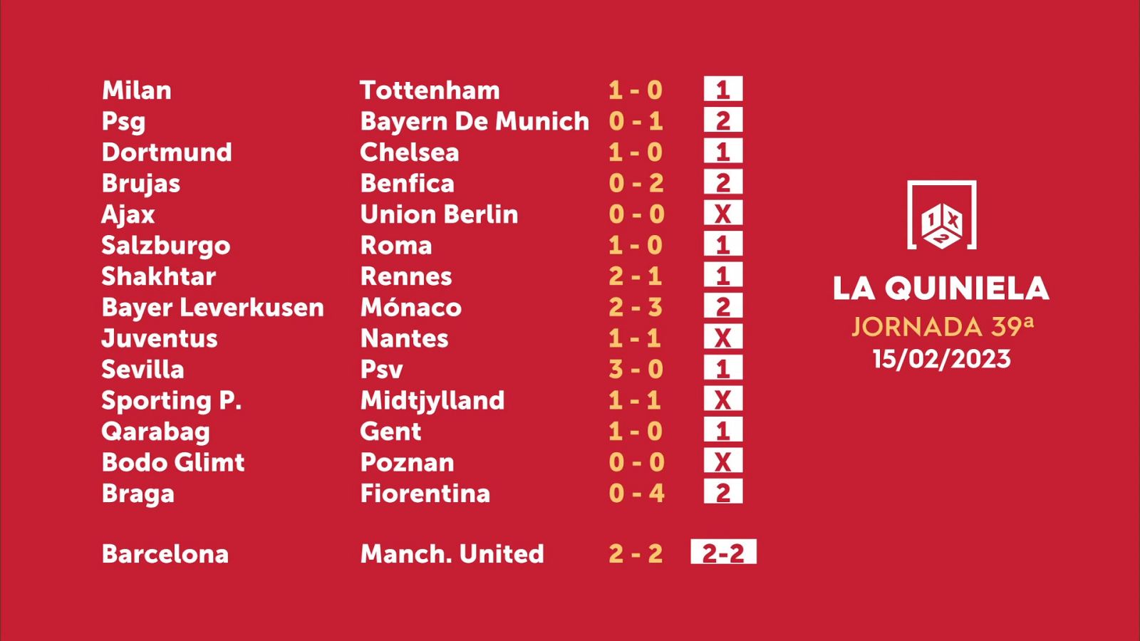 Sorteo de la Quiniela del 17/02/2023 - Jornada 39 - ver ahora