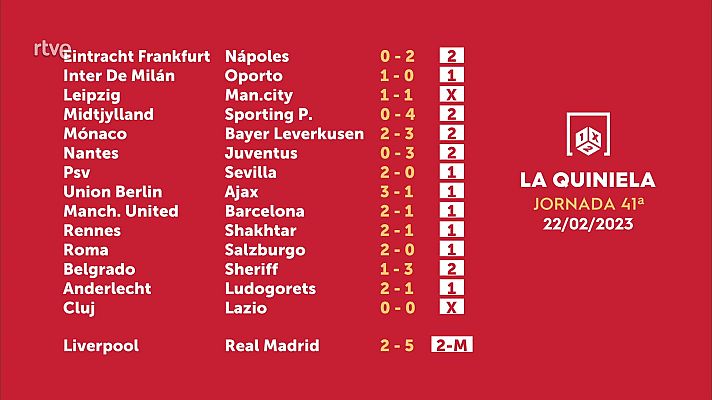 Loterías - Sorteo de la Quiniela del 24/02/2023 - Jornada 41