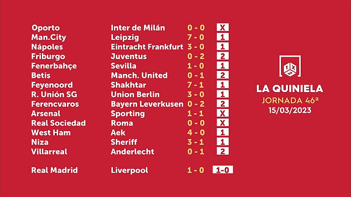 Loterías - Sorteo de la Quiniela del 17/03/2023 - Jornada 46