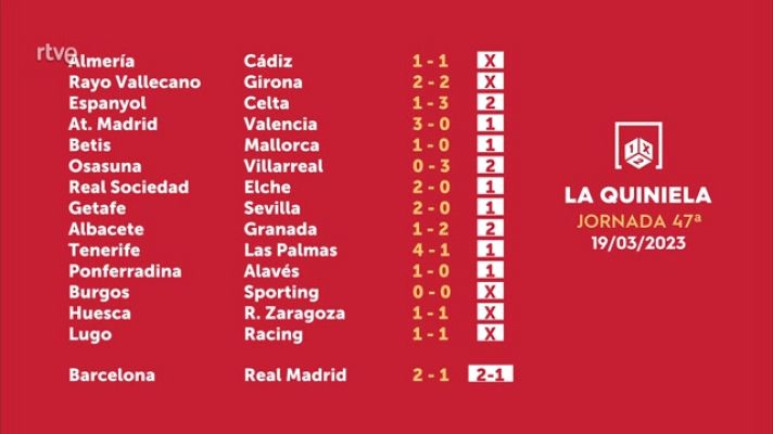 Loterías - Sorteo de la Quiniela del 20/03/2023 - Jornada 47