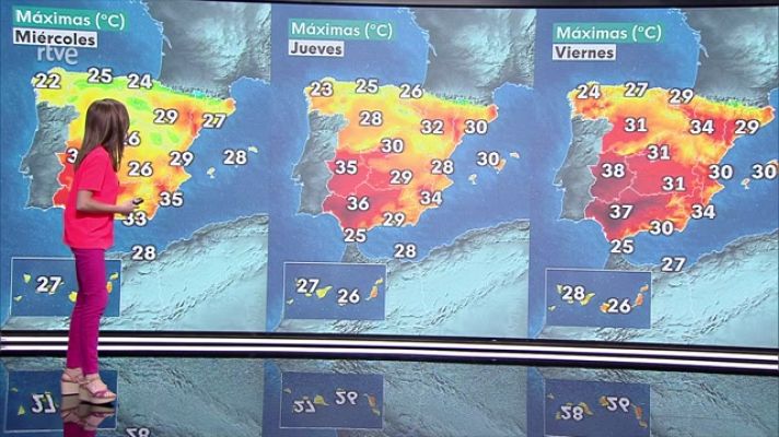 El tiempo - Temperaturas máximas con pocos cambios o ligeros descensos en el área mediterránea, sistema Ibérico, Cantábrico oriental y con ligeros descensos en el resto