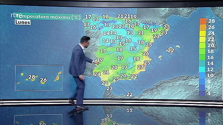 El tiempo - Precipitaciones localmente fuertes o persistentes en la mitad sur de Galicia, noroeste de Castilla y León, oeste del sistema Central, Pirineo central, sur de Extremadura y oeste de Andalucía