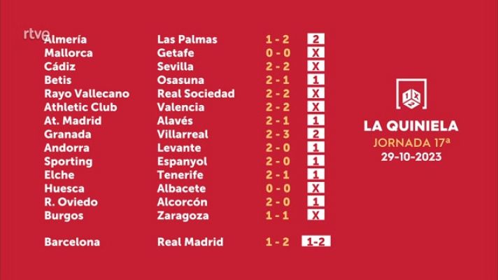 Loterías - Sorteo de la Quiniela del 31/10/2023 - Jornada 17