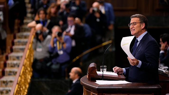 Especiales informativos - Feijóo acusa a Sánchez de "corrupción política" y de "humillar a los españoles" por sus pactos con el independentismo: "Esta investidura nace de un fraude"