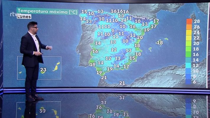 El tiempo - Intervalos de viento fuerte en la costa Galicia, oeste de la cordillera Cantábrica, y de madrugada en el Ampurdán