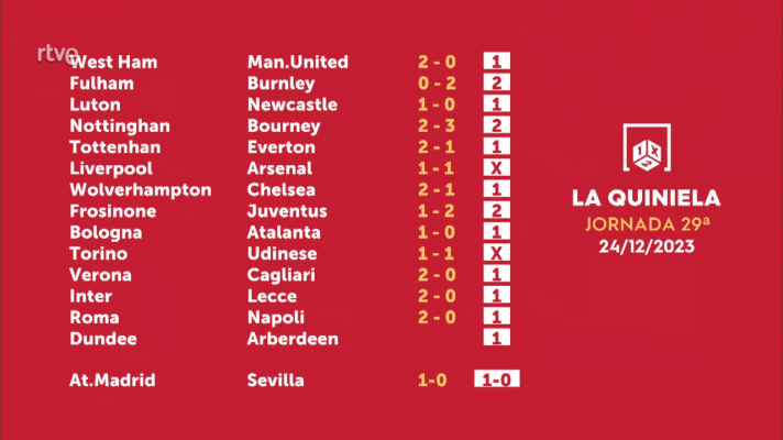 Loterías - Sorteo de la Quiniela del 26/12/2023 - Jornada 29