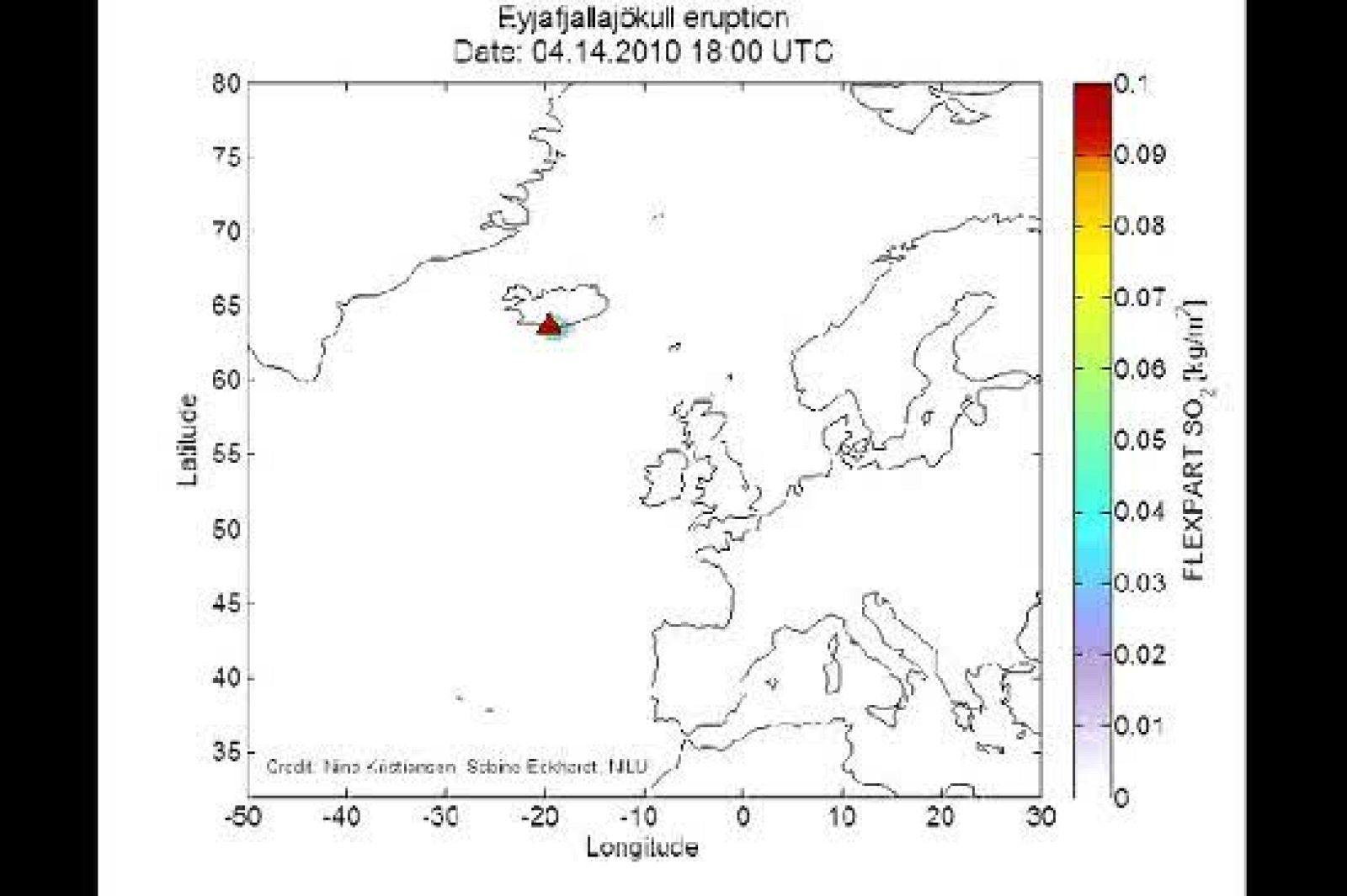 Esta animación muestra el desplazamiento de la nube de cenizas generada por la erupción del volcán bajo el glaciar Eyjafjallajoekull en Islandia.